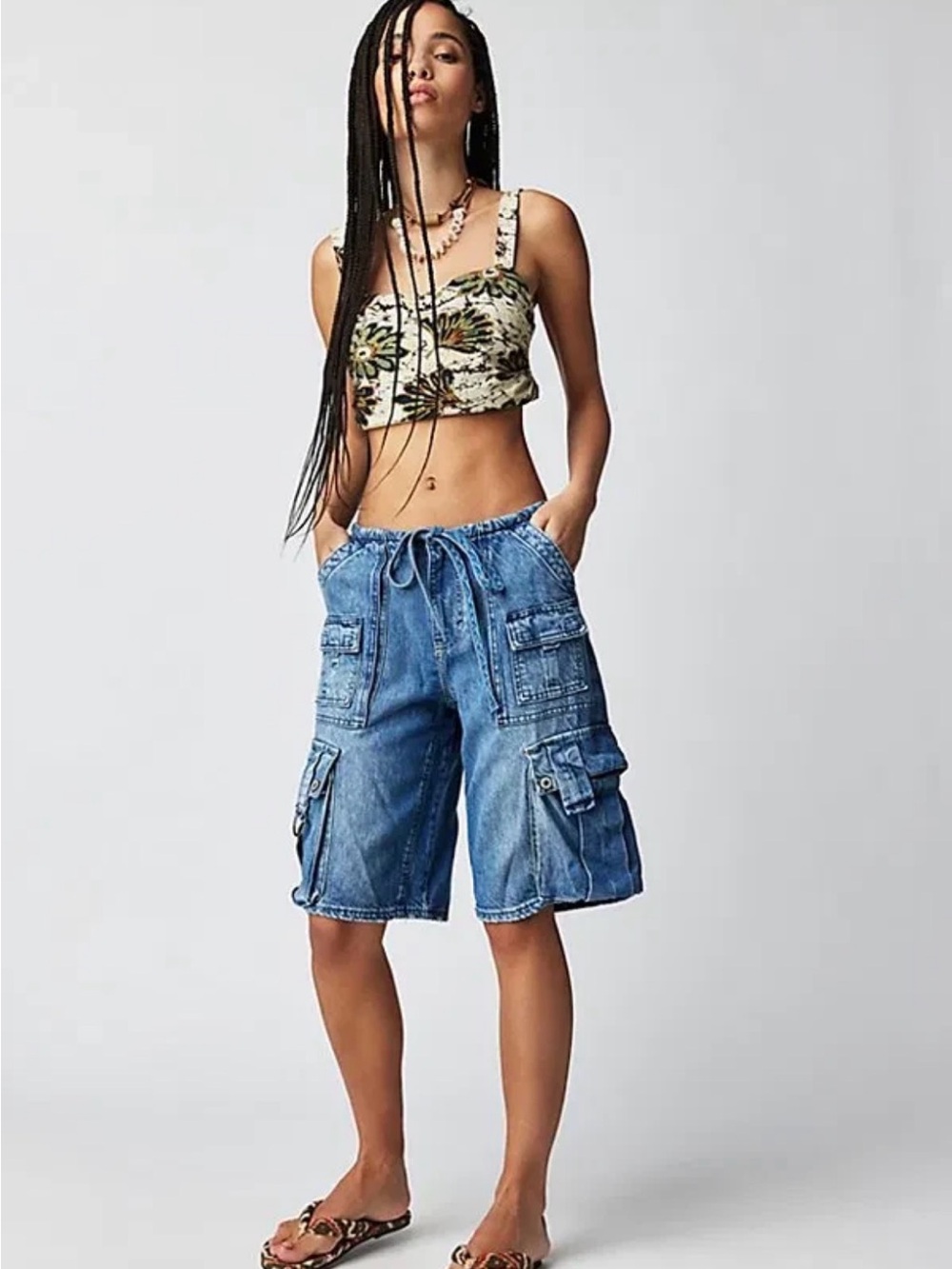 We The Free Blue Reina Denim Cargo Shorts with Drawstring Waist XS
